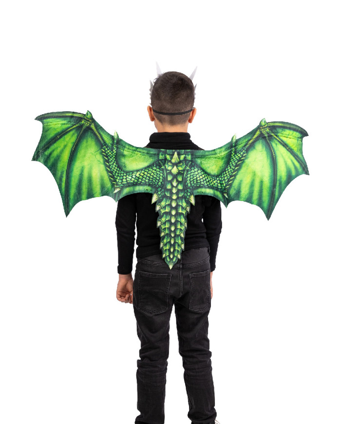 Boy green dragon set in fabric (wings h.cm.96x60 and mask) in pbh