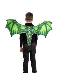 Grünes Drachen-Set für Kinder aus Stoff (Flügel ca. 96 cm hoch x 60 cm und Maske) in Beutel mit Aufhänger