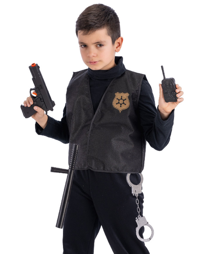 Ensemble déguisement swat (veste, pistolet, talkie-walkie, matraque, menottes), dans un sachet avec étiquette ferme-sachet