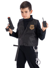 Ensemble déguisement swat (veste, pistolet, talkie-walkie, matraque, menottes), dans un sachet avec étiquette ferme-sachet